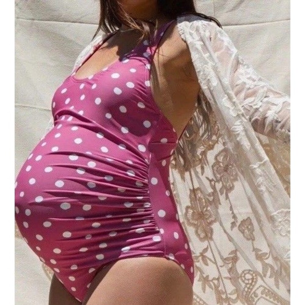 PINKBLUSH Maternity One Piece Swimsuit Pink/White Polka Dot S 34B